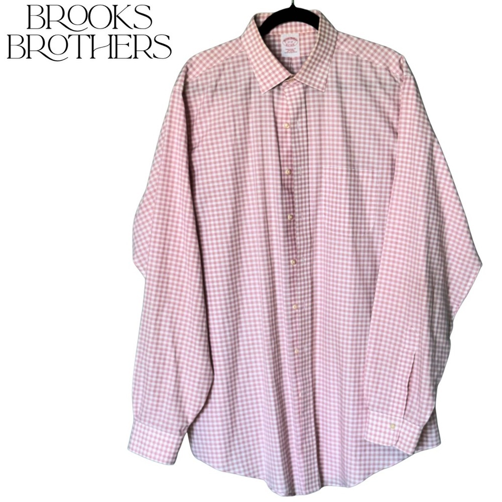 BROOKS BROTHERS Men’s Non-Iron Pink White Gingham Check Button-Down Shirt - Picture 2 of 7